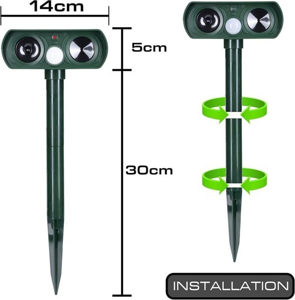Repelente Solar de Animales, Defensor Ultrasónico contra Gatos, Perros, Ardillas, Ciervos, Zorros, Dispositivo Disuasorio de Animales con Sensor de Movimiento y Alarma de Luz LED, Protege Patios y Jardines