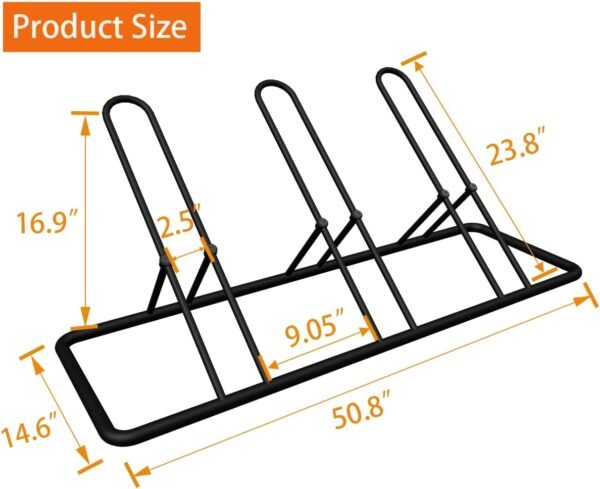 Soporte de estacionamiento de bicicletas para 3 bicicletas en el piso para garaje de bicicletas, organizador de almacenamiento de bicicletas resistente para interiores/exteriores para bicicleta de montaña MTB, de carretera y para niños, compatible con ruedas de hasta 2.5"