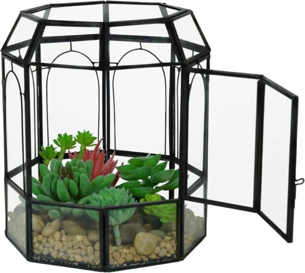 Terrario de Vidrio Ferrisland con Tapa, Frasco Geométrico Negro para Plantas Suculentas, Carnívoras, Musgo de Aire, Caracol, en Forma de Pajarera Invernadero de Mesa para Decoración Interior DIY (Solo Terrario)