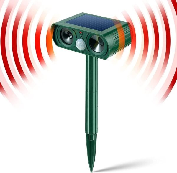 Repelente Solar de Animales, Defensor Ultrasónico contra Gatos, Perros, Ardillas, Ciervos, Zorros, Dispositivo Disuasorio de Animales con Sensor de Movimiento y Alarma de Luz LED, Protege Patios y Jardines
