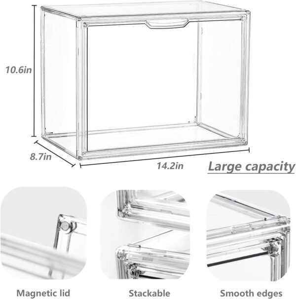 Contenedores de almacenamiento apilables de plástico transparente con tapa magnética, caja de acrílico para exhibición de cosméticos, figuras grandes y coleccionables (paquete de 4, X-Large)