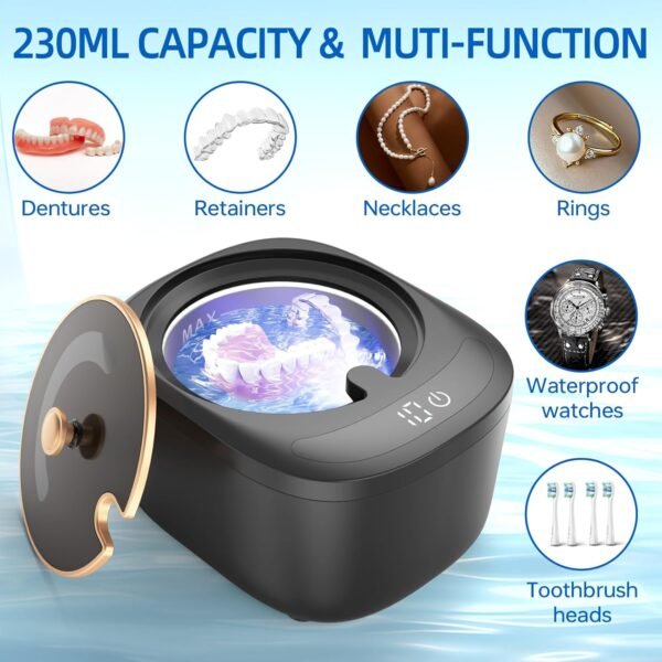 Limpiador ultrasónico para retenedores, dentaduras postizas, protectores bucales, alineadores, bandejas blanqueadoras, Limpiador de joyería ultrasónico de 255ML y 43kHz, Máquina ultrasónica portátil para retenedores, ideal para el hogar y viajes, Regalo ideal