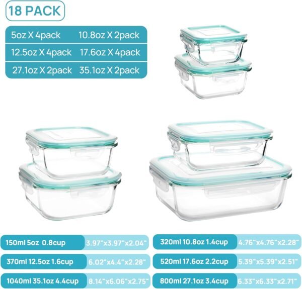 Contenedores de Almacenamiento de Comida de Vidrio Vtopmart de 18 Piezas con Tapas, Contenedores de Preparación de Comidas, Contenedores de Almuerzo Herméticos Bento con Tapas con Cierre a Prueba de Fugas para Microondas, Horno, Congelador, Lavavajillas