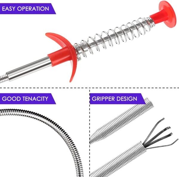 Serpiente para desagüe, Removedor de obstrucciones - Herramientas de limpieza de canalones y drenajes, Limpiador de drenaje para inodoro, alcantarilla, regadera, cocina, baño y tina. Herramienta de limpieza de desagües obstruidos, Garra flexible para recoger objetos (63 pulgadas)