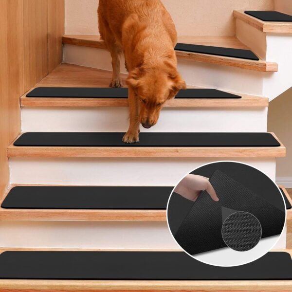 Juegos de tapetes de escalera de goma antideslizantes GOYLSER, Tapetes de escalera negros para escalones de madera, 7 Pzs Alfombras de escalera reutilizables Lavables Tapetes para escaleras Conjunto de 7