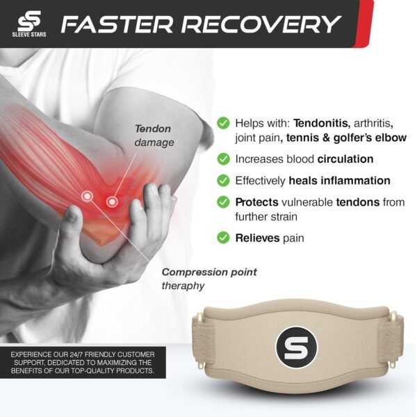 Brazalete para codo de tenista Sleeve Stars para hombres y mujeres, soporte para codo de tendonitis & correa para codo de golfistas Counterforce Band para alivio del dolor en tendones y soporte para antebrazo con 3 correas, se ajusta de 9 a 23" (Unidad) (1, Beige, Talla única)