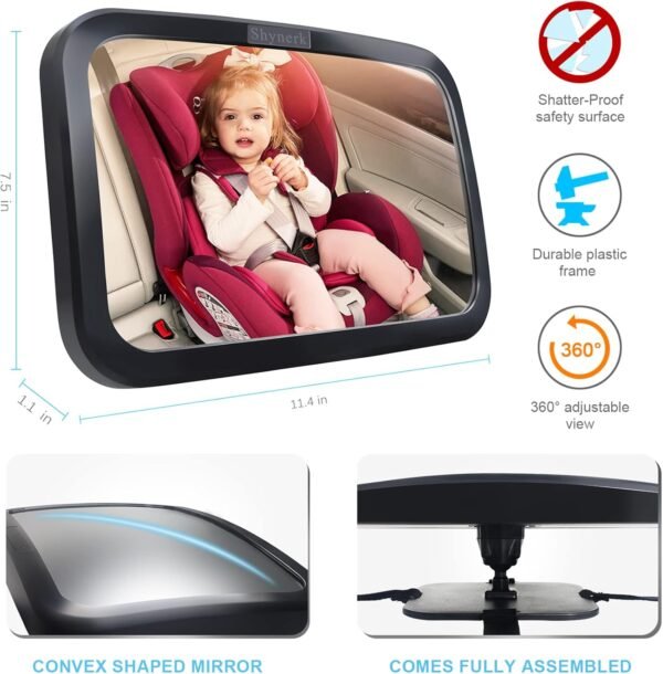 Espejo de bebé Shynerk, Espejo de seguridad para asiento de carro para bebé mirando hacia atrás con amplia vista cristalina, a prueba de golpes, rotación 360°, probado y certificado en caso de choque.