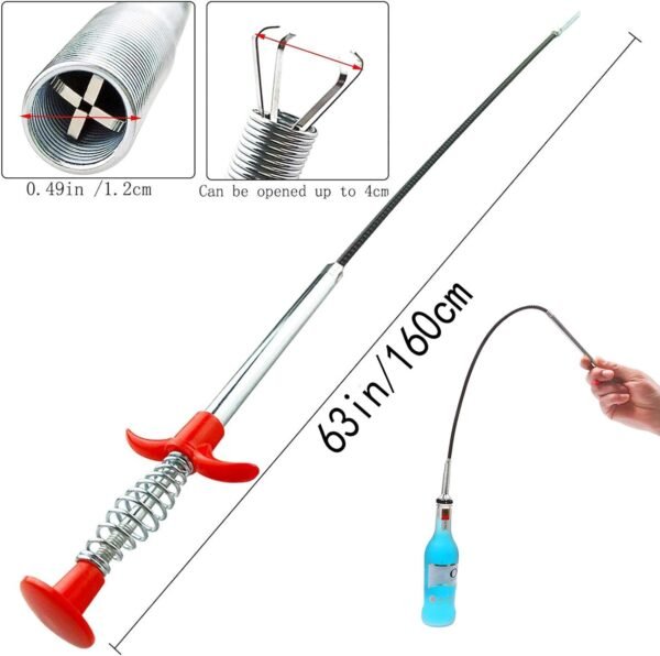 Serpiente para desagüe, Removedor de obstrucciones - Herramientas de limpieza de canalones y drenajes, Limpiador de drenaje para inodoro, alcantarilla, regadera, cocina, baño y tina. Herramienta de limpieza de desagües obstruidos, Garra flexible para recoger objetos (63 pulgadas)