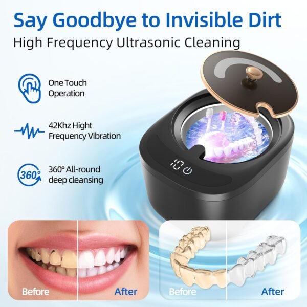 Limpiador ultrasónico para retenedores, dentaduras postizas, protectores bucales, alineadores, bandejas blanqueadoras, Limpiador de joyería ultrasónico de 255ML y 43kHz, Máquina ultrasónica portátil para retenedores, ideal para el hogar y viajes, Regalo ideal