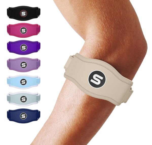 Brazalete para codo de tenista Sleeve Stars para hombres y mujeres, soporte para codo de tendonitis & correa para codo de golfistas Counterforce Band para alivio del dolor en tendones y soporte para antebrazo con 3 correas, se ajusta de 9 a 23" (Unidad) (1, Beige, Talla única)
