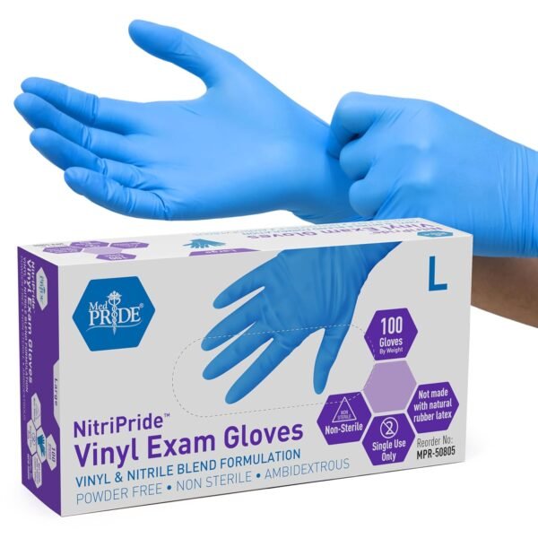 Guantes de Examen MED PRIDE NitriPride de Mezcla de Nitrilo-Vinilo, Talla Grande 100 - Sin Polvo, Libre de Látex y Caucho - Guantes Protectores de un Solo Uso No Estériles para Uso Médico, Cocina, Limpieza y Más