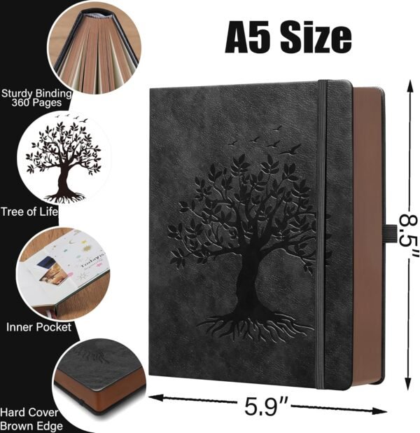 Cuaderno de notas A5 de 360 páginas con rayas y pluma, cuadernos para escribir para mujeres y hombres, diseño de árbol de la vida, borde marrón con bolsillo interior finamente detallado - Negro.