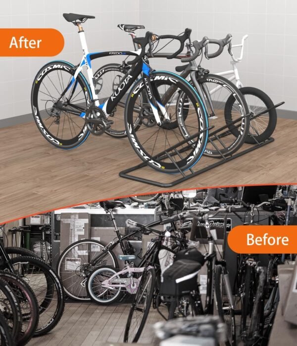 Soporte de estacionamiento de bicicletas para 3 bicicletas en el piso para garaje de bicicletas, organizador de almacenamiento de bicicletas resistente para interiores/exteriores para bicicleta de montaña MTB, de carretera y para niños, compatible con ruedas de hasta 2.5"