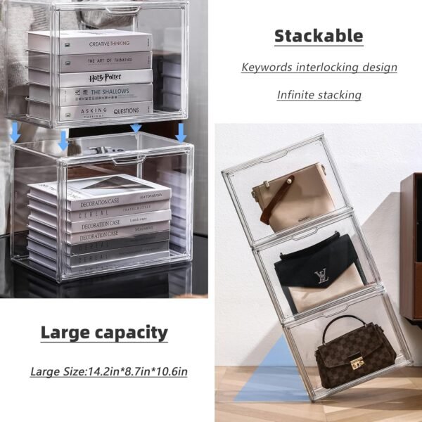 Contenedores de almacenamiento apilables de plástico transparente con tapa magnética, caja de acrílico para exhibición de cosméticos, figuras grandes y coleccionables (paquete de 4, X-Large)