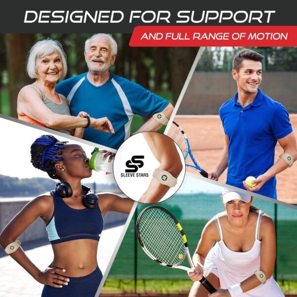 Brazalete para codo de tenista Sleeve Stars para hombres y mujeres, soporte para codo de tendonitis & correa para codo de golfistas Counterforce Band para alivio del dolor en tendones y soporte para antebrazo con 3 correas, se ajusta de 9 a 23" (Unidad) (1, Beige, Talla única)