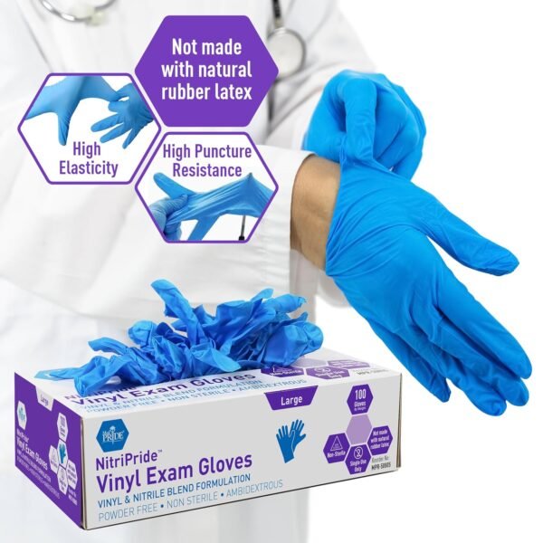 Guantes de Examen MED PRIDE NitriPride de Mezcla de Nitrilo-Vinilo, Talla Grande 100 - Sin Polvo, Libre de Látex y Caucho - Guantes Protectores de un Solo Uso No Estériles para Uso Médico, Cocina, Limpieza y Más