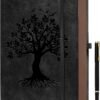 Cuaderno de notas A5 de 360 páginas con rayas y pluma, cuadernos para escribir para mujeres y hombres, diseño de árbol de la vida, borde marrón con bolsillo interior finamente detallado - Negro.