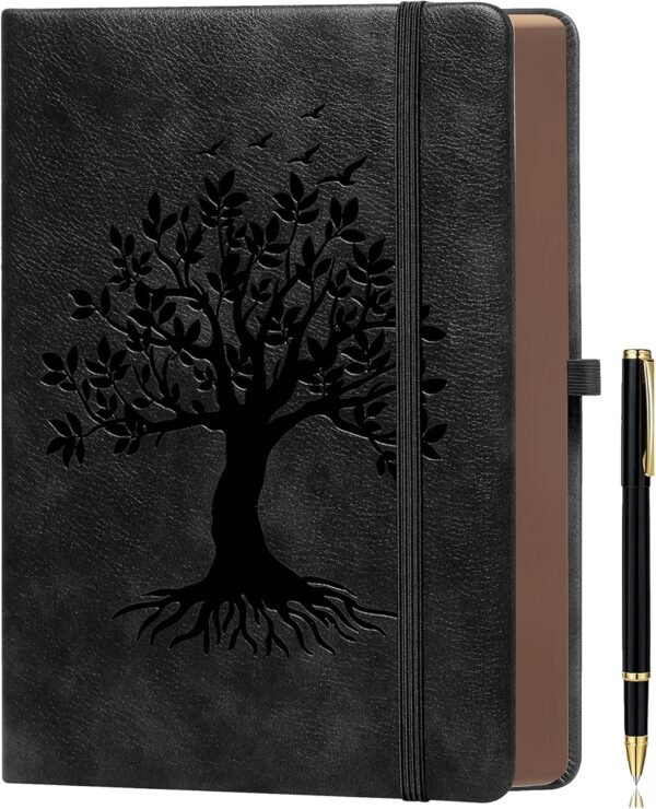 Cuaderno de notas A5 de 360 páginas con rayas y pluma, cuadernos para escribir para mujeres y hombres, diseño de árbol de la vida, borde marrón con bolsillo interior finamente detallado - Negro.