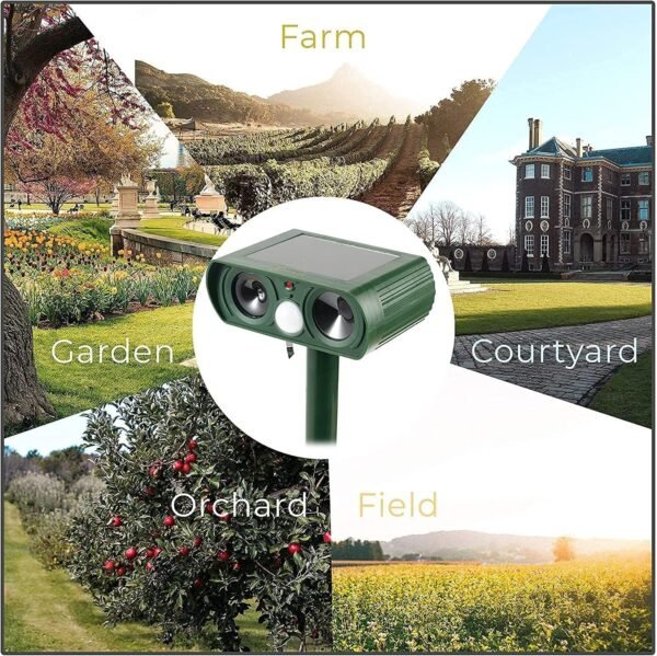 Repelente solar de animales, defensor ultrasónico contra gatos, perros, ardillas, venados, zorros, disuasivo de animales exteriores con sensor de movimiento y alarma de luz LED, protege patios y jardines.