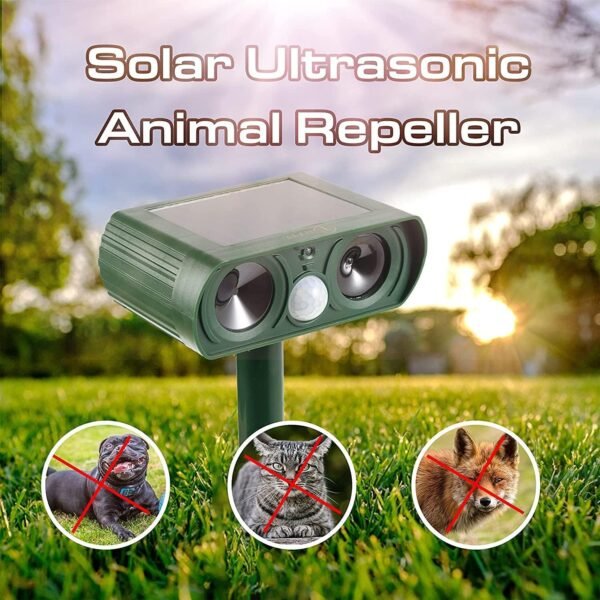 Repelente Solar de Animales, Defensor Ultrasónico contra Gatos, Perros, Ardillas, Ciervos, Zorros, Dispositivo Disuasorio de Animales con Sensor de Movimiento y Alarma de Luz LED, Protege Patios y Jardines