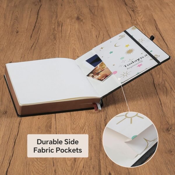 Cuaderno de notas A5 de 360 páginas con rayas y pluma, cuadernos para escribir para mujeres y hombres, diseño de árbol de la vida, borde marrón con bolsillo interior finamente detallado - Negro.